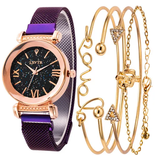 3-Purple 5pcs Luxury Brand Ladies Watches Women Watches Starry Sky Watch Quartz Diamond Wristwatches Montre Femme Relogio Feminino - Цвет: 3-Purple