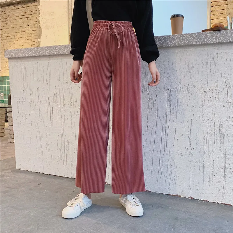 2019 Winter Women Velvet Wide Leg Pants Female Casual Elastic High Waist loose Autumn Pleated Solid Pant Femme | Женская одежда