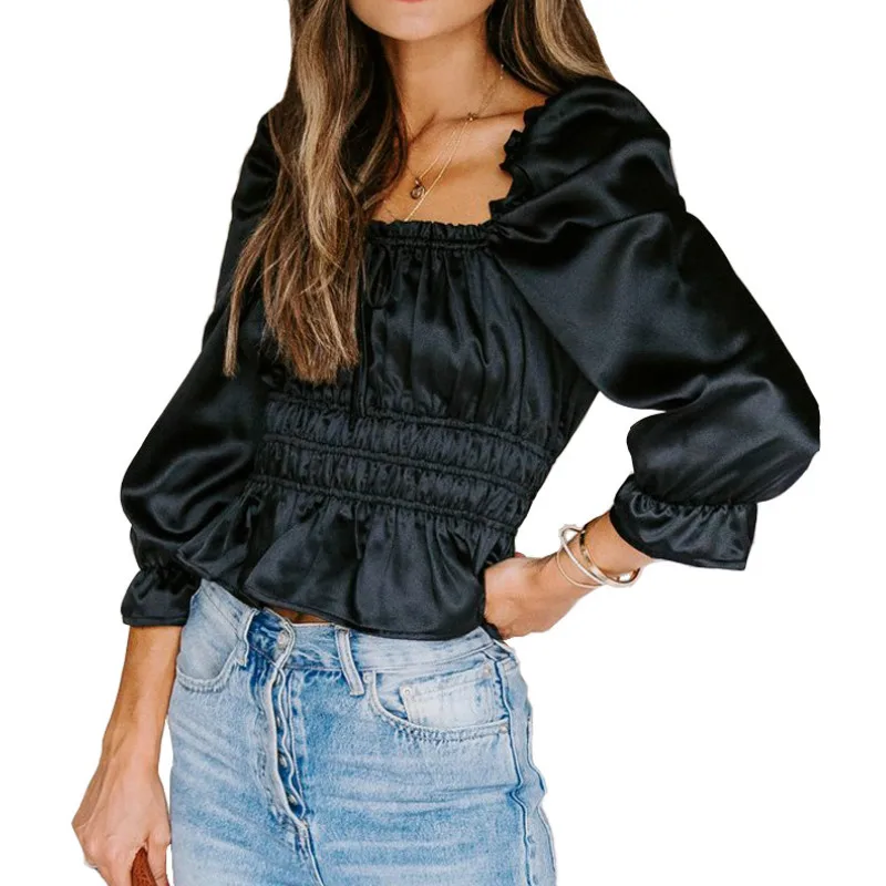 

Women Spring Autumn Squarter Collar Retro Blouse Three Quarter Sleeve High Waist Street OL Pullovers Top Pink Black