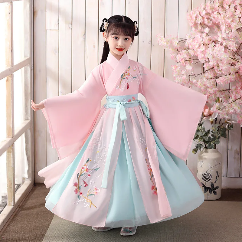 

2021 Chinese Style Vintage Pink Floral Embroidery Clothing For Girls New Year Hanfu Dress Kid Dancer Costume Cosplay