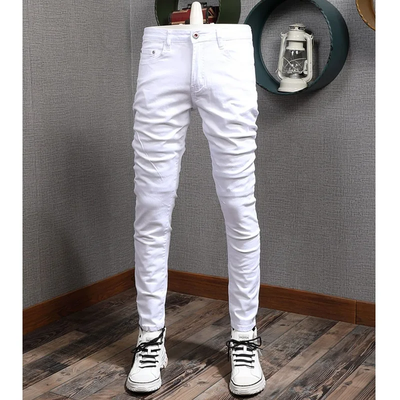 Summer Men Thin White Jeans Men Fashion Pocket Embroidery Slim Fit Straight Pants Casual Cotton Denim Trousers