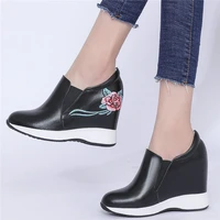10cm high heel fashion sneakers women genuine leather wedges ankle boots female embroider flowers platform pumps casual shoes