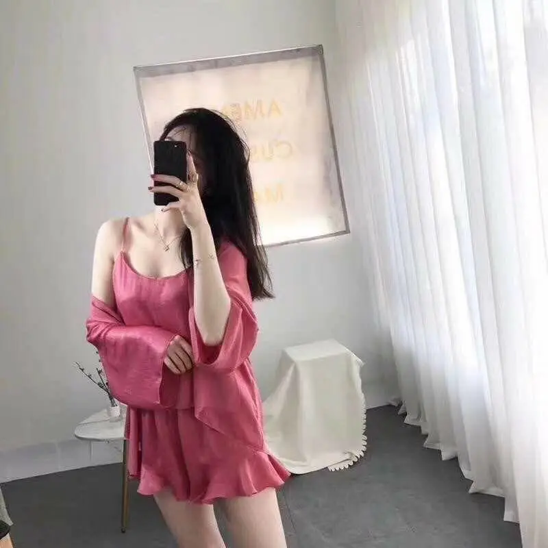 Women Pajamas Set New Sexy silk suspender shorts in sleeve  Sleepwear Casual Homewear Female plus size Pyjamas 4-piece set
