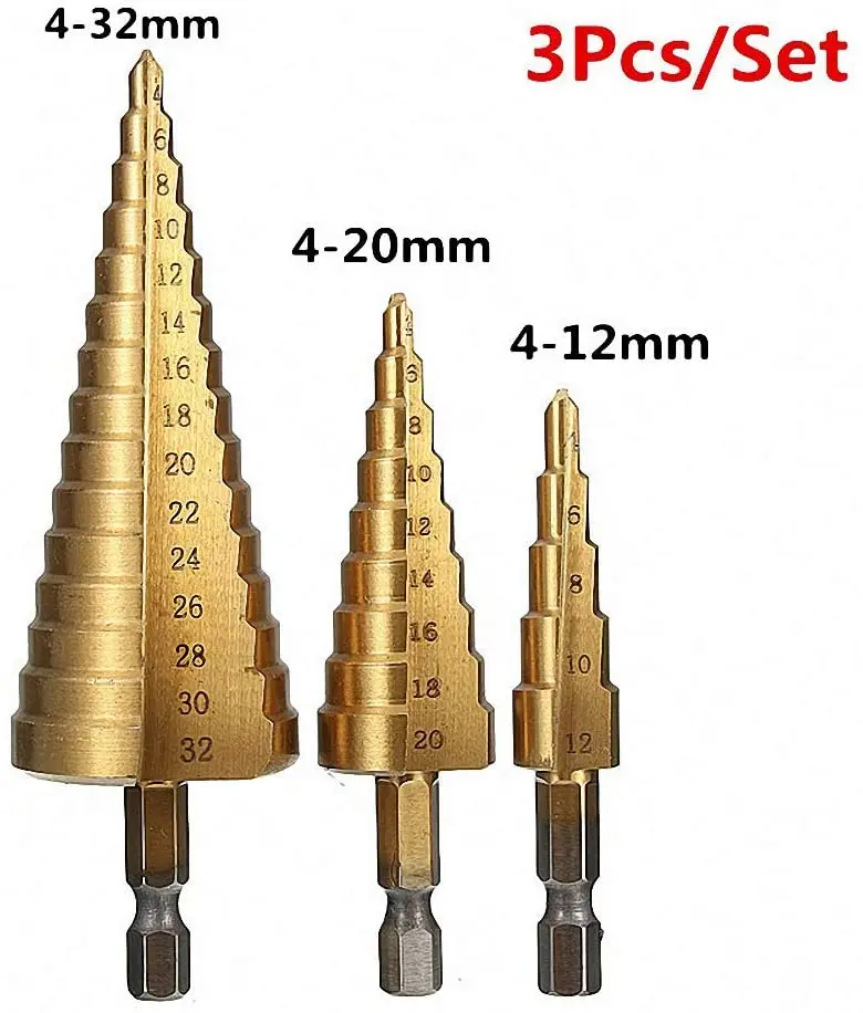 

3pcs HSS Titanium Step Drill Bit 4-12 4-20 4-32 Drilling Power Tools Metal Woodworking Wood Metal Mini Set DT6