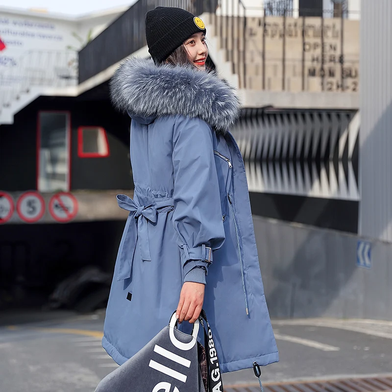 Long Lamb Hair Liner Parker Cotton Jacket Coat  Warm Women's Winter Jackets Belt Big Faux Fur Coats Parkas plus size winter coat