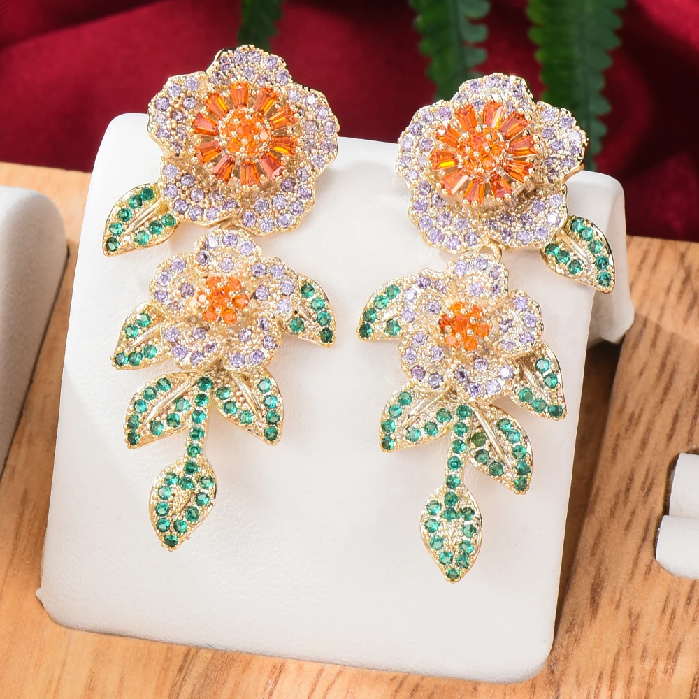 

KellyBola Jewelry Dubai Ladies Luxury Flower Pendant Full Cubic Zircon Earrings Fashion CZ Design Sense Anniversary Accessories