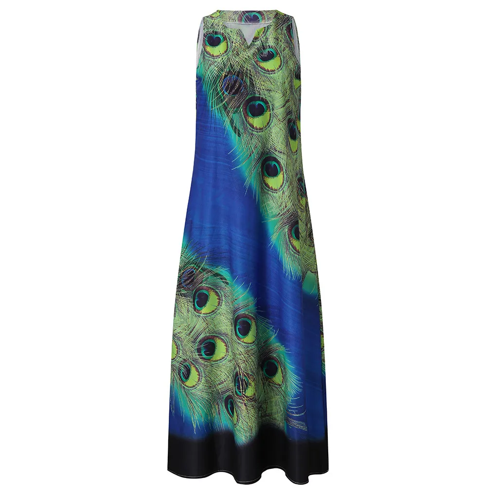 Sleeveless Dress Vetements Femme Peacock Feather Stylish Long Maxi Boho Women Summer Beach Plus Size | Женская одежда