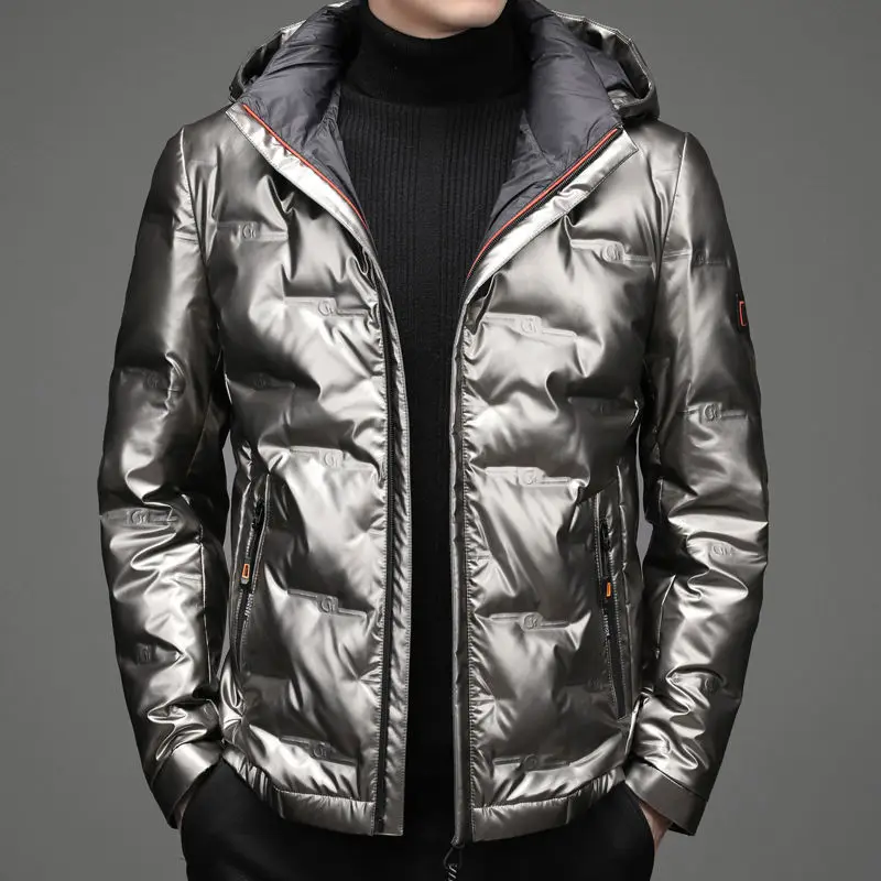 Зима 2021 Новый глянцевый пуховик мужской белый с капюшоном короткий съемный
