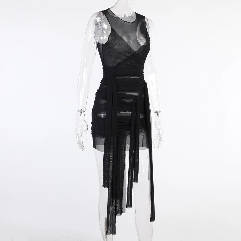 

2021 New Bandage Mesh Tight Dress Sleeveless Women Y2k Hollow Sexy Party Dress Irregular Mini Dress Midnight Fashion Outfit