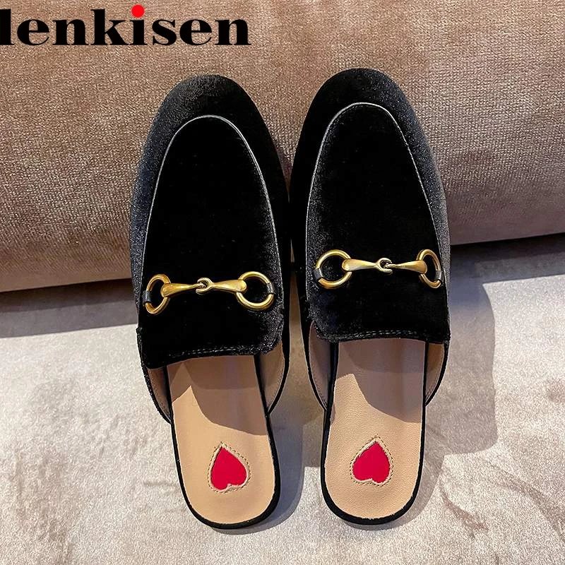 

lenkisen new big size luxury genuine leather round toe outside slippers slip on slingback mules brand metal beach women slippers