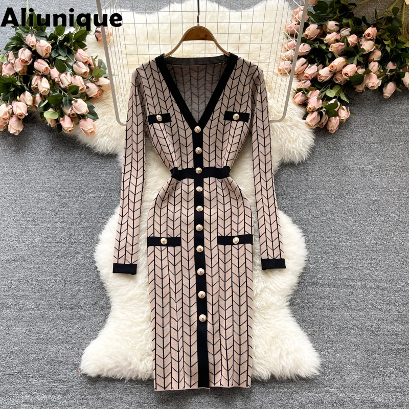 

Aliunique New Women Autumn Knitted Splicing Long Dress Fashion Sexy Slim Elastic Bodycon Dress Lady V-neck Warm Sweater Clothing