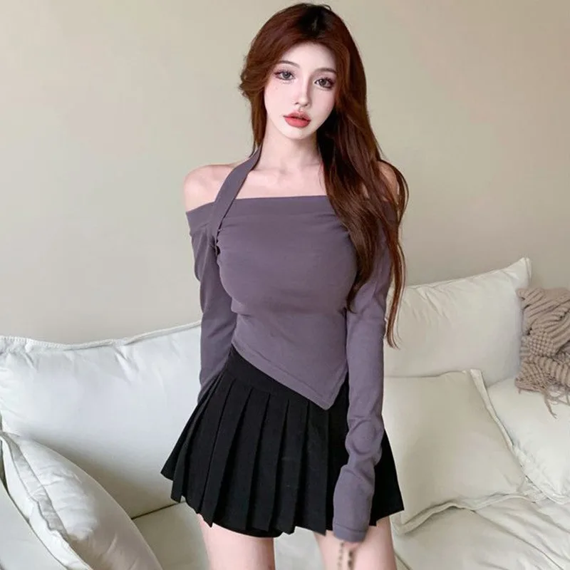

Women T Shirts Top Tight Halter Sexy Long Sleeve Slim T-Shirts Female Off Shoulder Casual Crop Top