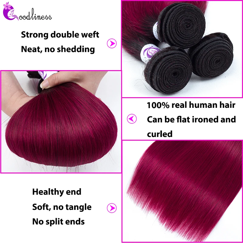 Перуанские пучки волос с закрытием 1b бордовый прямые волосы Омбре 99j красный Remy