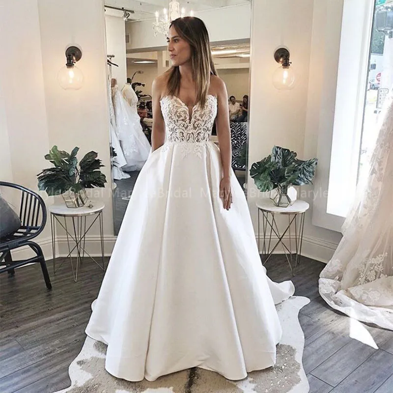 

Женское атласное свадебное платье, элегантное винтажное платье со шлейфом и карманами, иллюзия аппликации