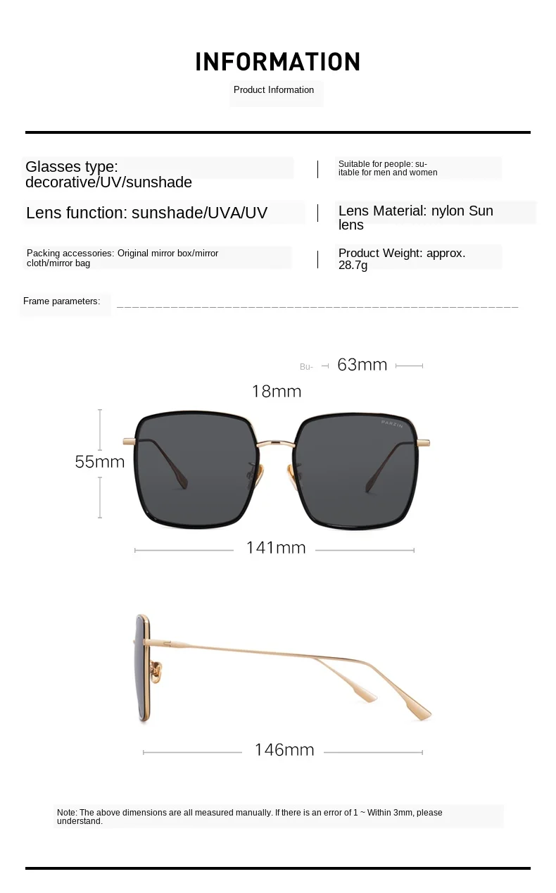 PARZIN New Sunglasses Women Big Metal Frame Sun Glasses For Women Fashion Colorful Ladies Shades Eyewear 8280