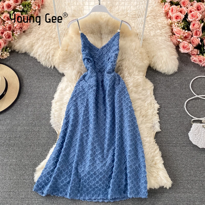

Young Gee Women Spaghetti Strap Party Dress Sexy Slim Lady Fashion Summer Lattice Lace Vintage Wear Elegant V-neck Midi Dresses