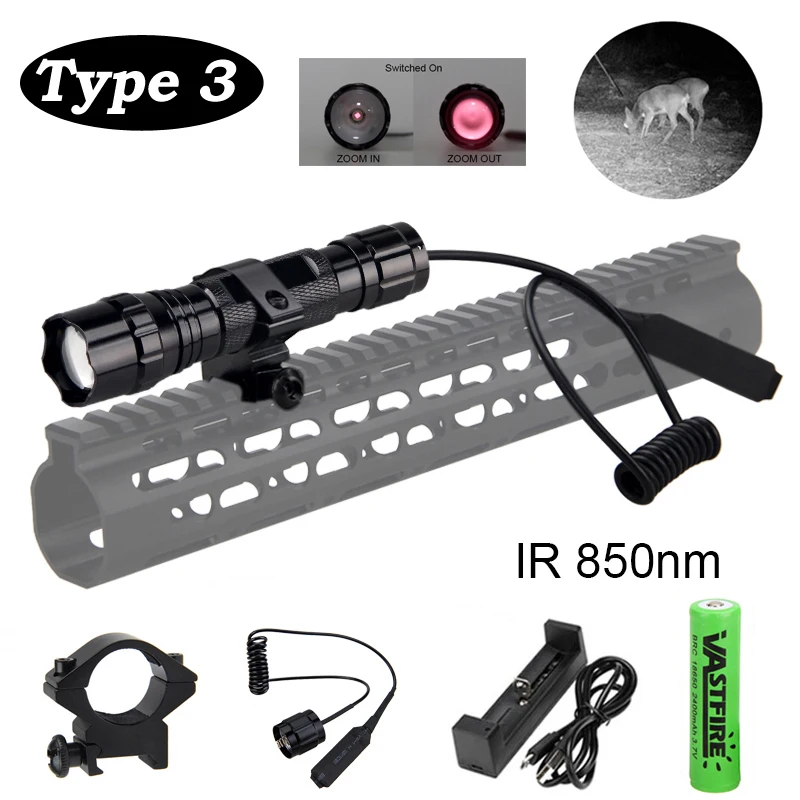 Package 3 (IR 850nm) 300 ярдов Zoomable оружейный светильник зеленый/красный/IR 850nm флэш-светильник Хищник Варминт свинья охотничий страйкбол фонарь+ 18650+ USB зарядное устройство - Цвет: Package 3 (IR 850nm)