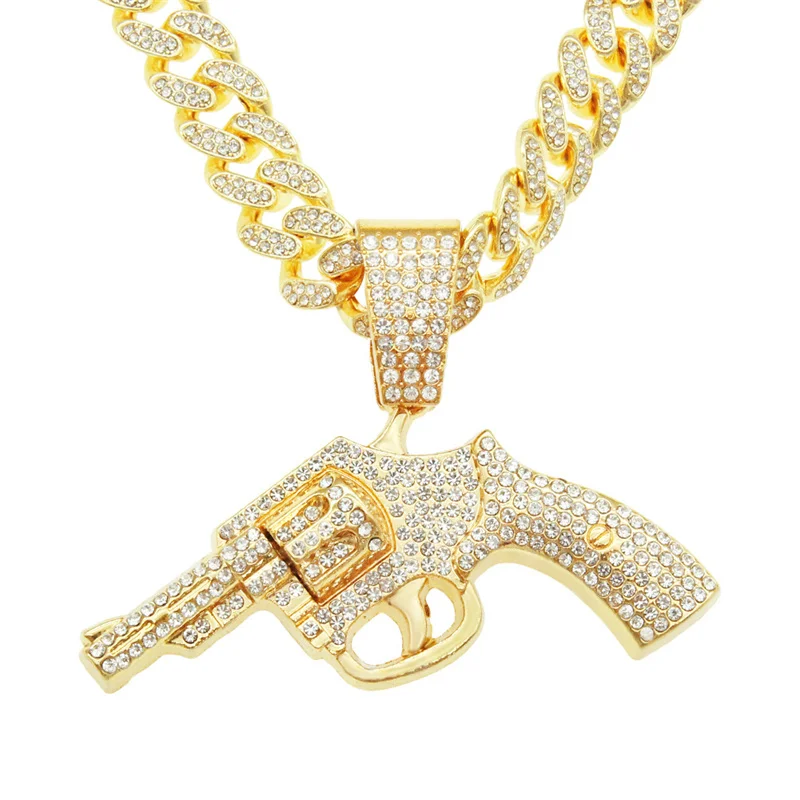 

Hip Hop Full Zircon Puckle Gun Pendant With Big Cuban Chain Necklace Iced Out Crystal Revolver Hip-Hop Jewelry