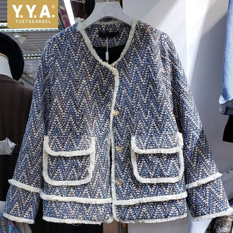 

Women Fashion Short Coat Single Breasted V-Neck Striped Pockets Tassel Tweed Jacket Office Ladies Loose Fit Vintgae Autumn Top