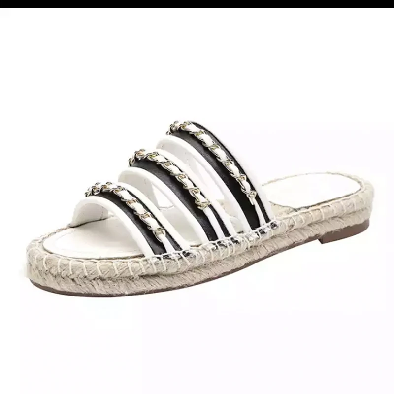 

2021 Flats women Sandals Ladies black beige Platform Casual Shoes Open Toe Buckle Metal Chain Decoration Wedges Shoes