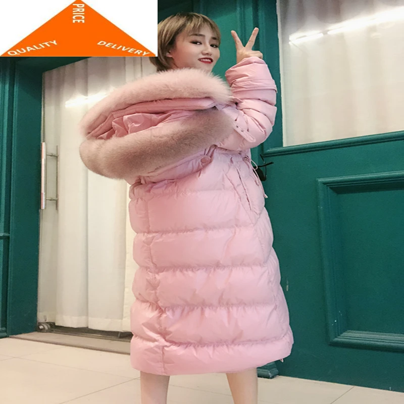 

Пальто женское зимнее с капюшоном из натурального лисьего меха, 2020 корейская куртка на утином пуху, длинные теплые пальто для зимы LW9706