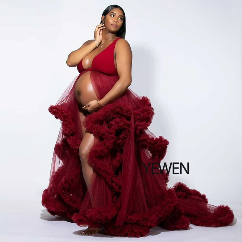 Burgundy White Strech Fabric V Neck Tulle Cloud Dress Maternity Gown For Photoshoot Yewen petite formal dresses & gowns