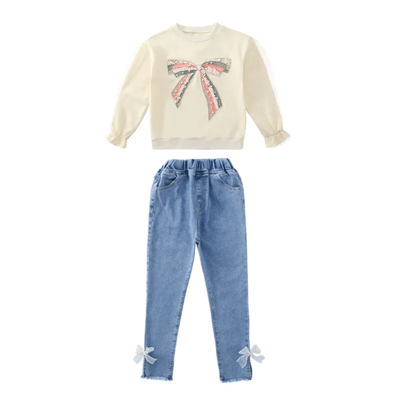 

Girl's O-neck Casual Fashion Bowtie Print Long Sleeve T-shirts+Washed Blue Jeans 2pcs Clothing Sets Daily Dressing Sets