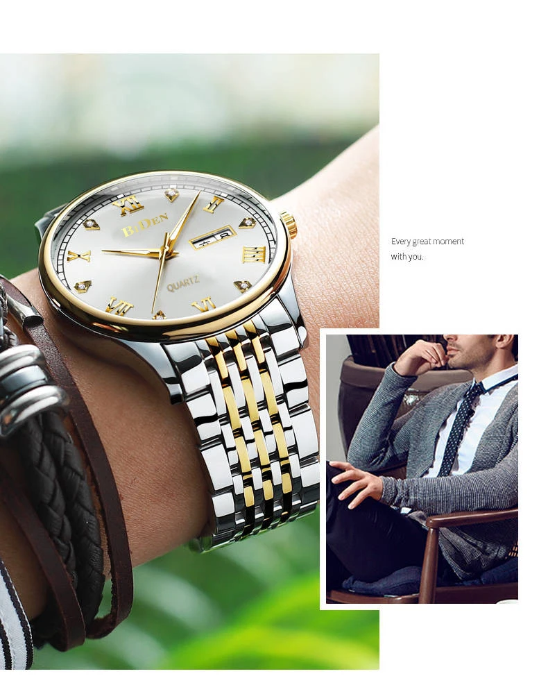 

BIDEN Diamond Design New Watches White Golden Quartz Men Watch Sport Waterproof Stainless Steel Luminous Luxury Brand Date Clock