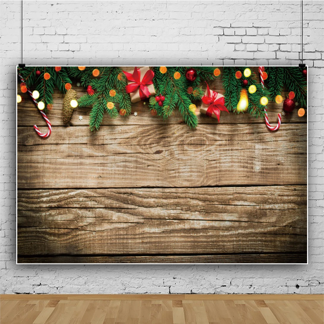 

Laeacco Wooden Background Christmas Party Decor Child Photocall Light Bokeh Pine Gift Poster Customized Photographic Backdrops