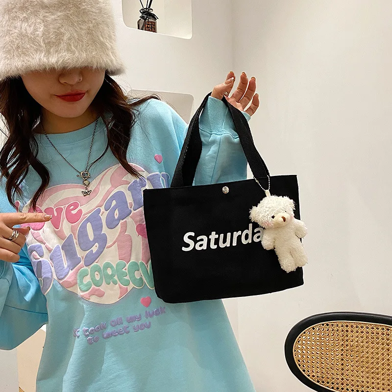 

Korean Version Simple Pure Color Small Canvas Women Bag Portable Bento Lunch Box Receive Makeup Bag Girl Canvas Bag Shopping Bag
