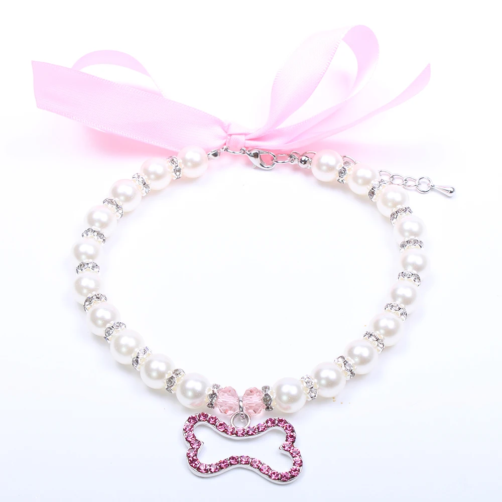 Pink Bone Жемчужное собачье ожерелье ошейник со стразами Подвеска с изображением кости домашнее животное украшения для щенков для женщин собак кошек Маленький Средний - Цвет: Pink Bone
