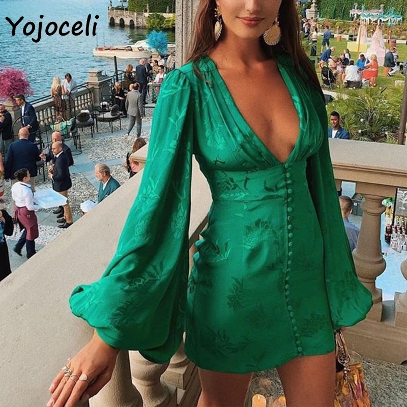 

Женское жаккардовое платье на пуговицах Yojoceli, облегающее мини-платье с пышными рукавами для вечерние, Осень-зима 2019