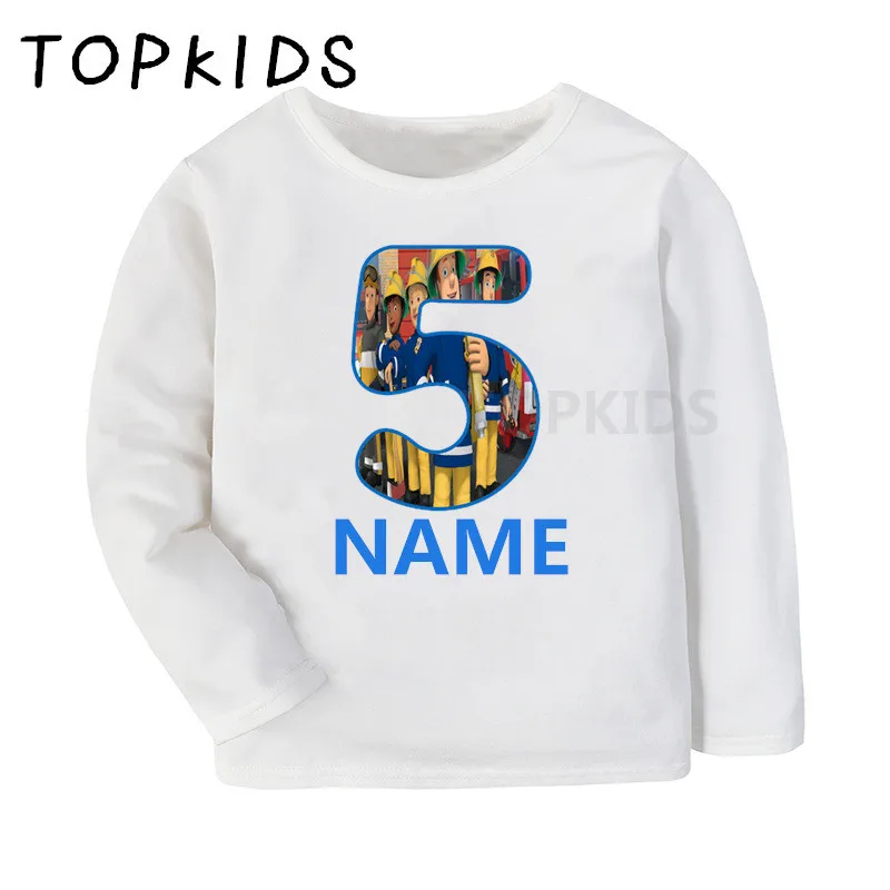 2019 Boys Girls Happy Birthday Fireman Sam Number 1-9 Print T shirt Kids Long Sleeve T-shirt Baby Funny Present Clothes LKP2458 | Детская