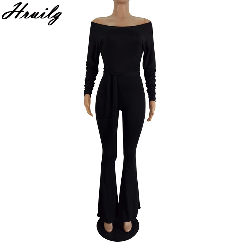

Black Long Sleeve Women Jumpsuits Off The Shoulder Lace Up Slim Fashion Elegant Romper Women Casual Party Trumpet Long Pants