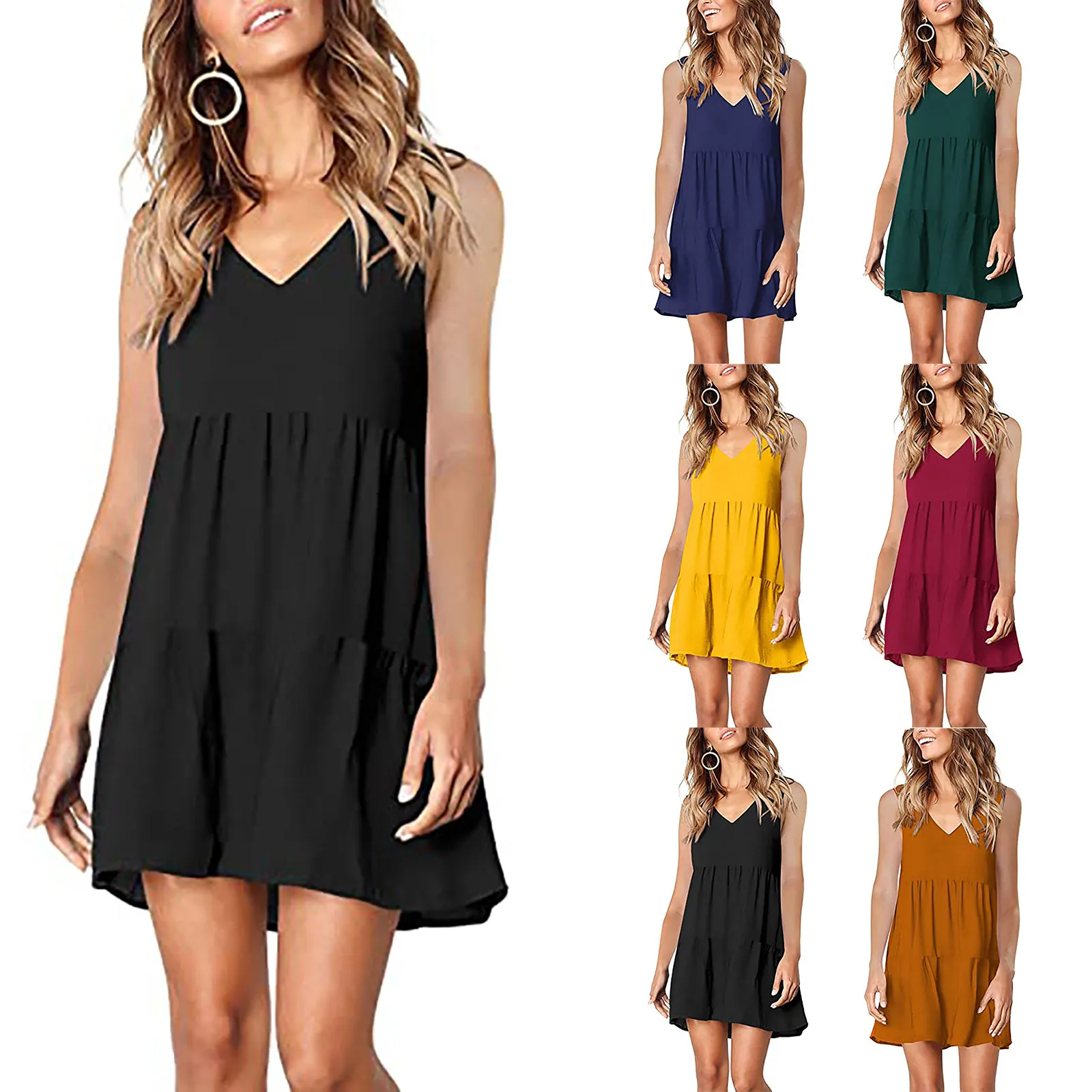 

Женское свободное платье без рукавов, повседневное однотонное платье с V-образным вырезом, модель 2021 на лето