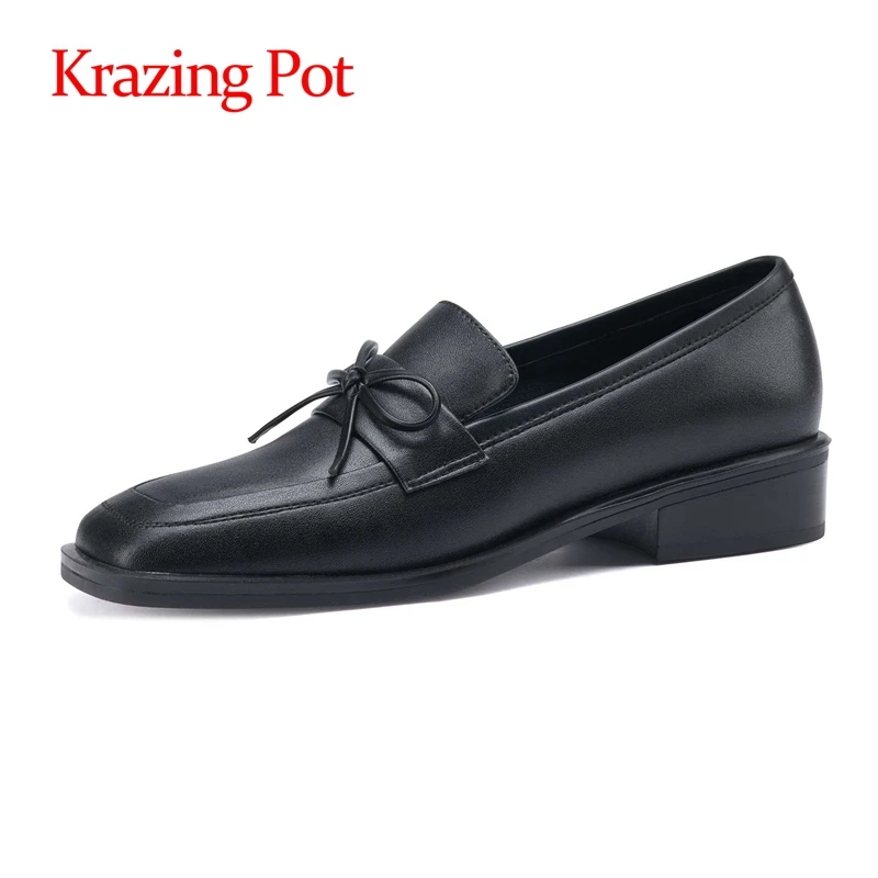 

lenkisen new leather square toe low heels butterfly-knot gentlewomen solid preppy style daliy wear slip on women pumps L16