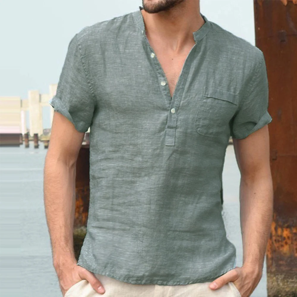 

Plain color short-sleeved shirt blended with standing collar and linen pocket