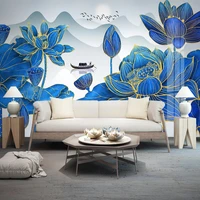 flower wall mural ink line drawing designer wall paper blue lotus golden landscape wallpaper