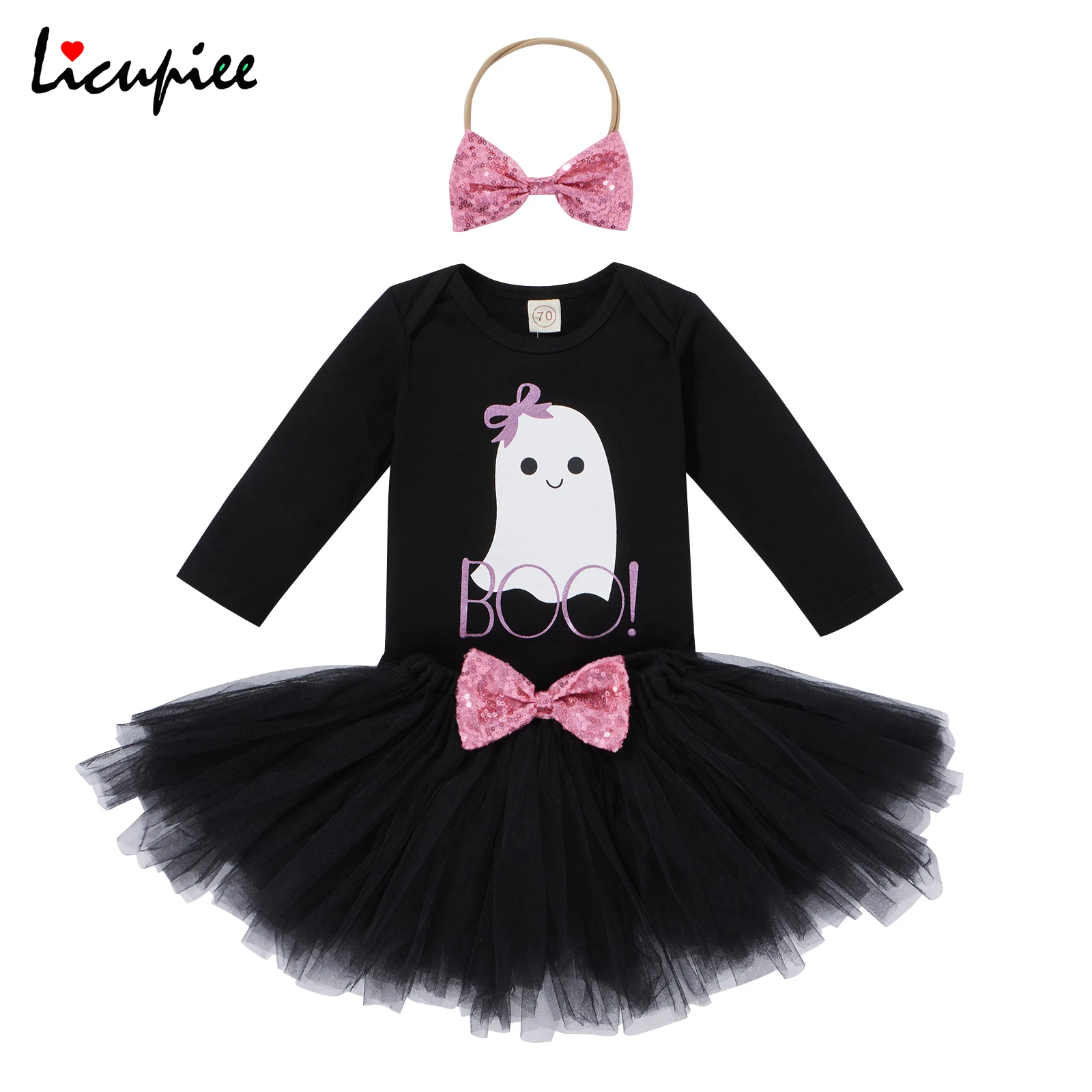 

0-24 Months 3 Pcs Baby Girls Halloween Outfits Cartoon Letter Print Long Sleeve Romper + Tulle Skirt Sequined Bowknot + Headband