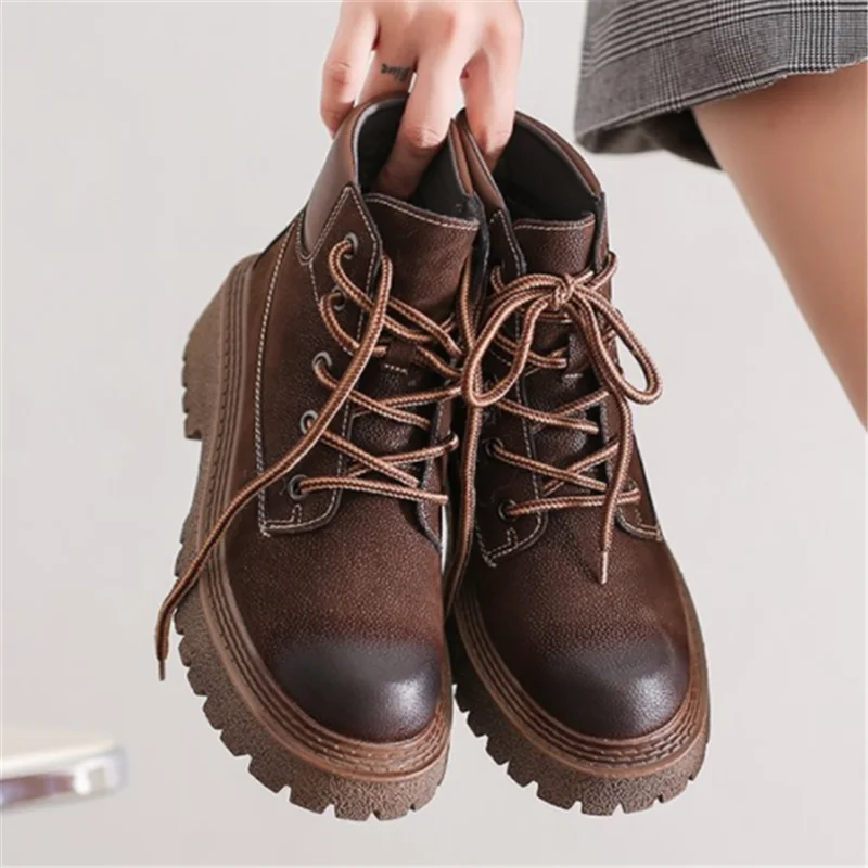 Женские Классические ботинки в стиле ретро коричневые кожаные ботильоны на