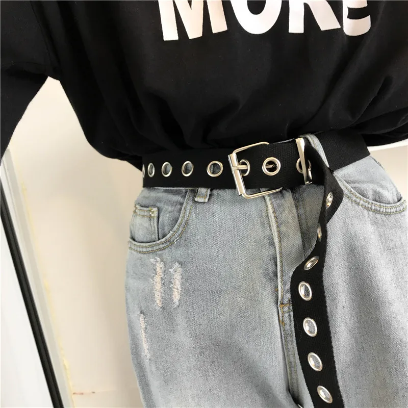 Black Длинные личности Harajuku кольцо в стиле casual черного цвета с металлическим ремнем и студентов из парусиновой джинсовой ткани талии Ремни прилив серебряной пряжкой - Цвет: Black