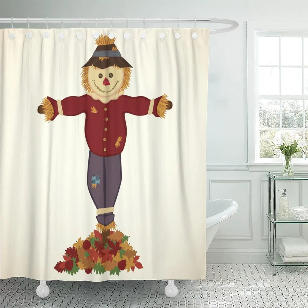 Shower Curtain Blue Face Happy Scarecrow Pile of Fall Leaves Brown Waterproof Polyester Fabric 60 x 72 inches Set with Hooks |