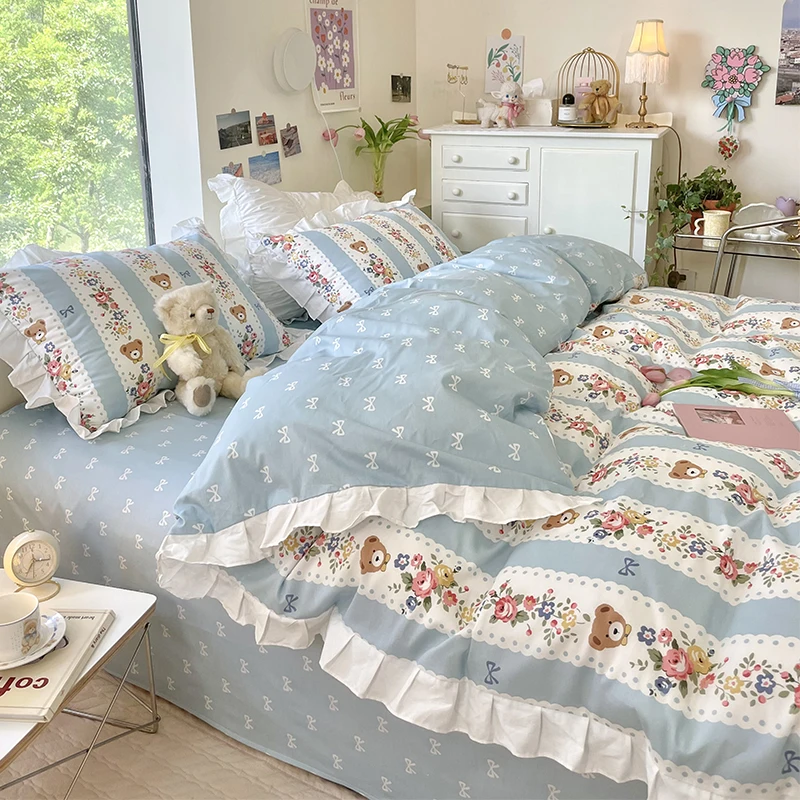 

Bedding Set Printed Bed Cotton Sheet Duvet Cover Twin Full Queen King Covers Sets Bedclothes Fitted sheet Vantage Floral Bear Fl