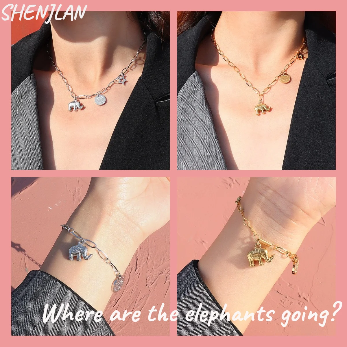 

Where is Elephant GOING Stainless Steel Gold Plated Elephant Pendant Necklace Bracelet for Women Lady Fashion Jewelry Set