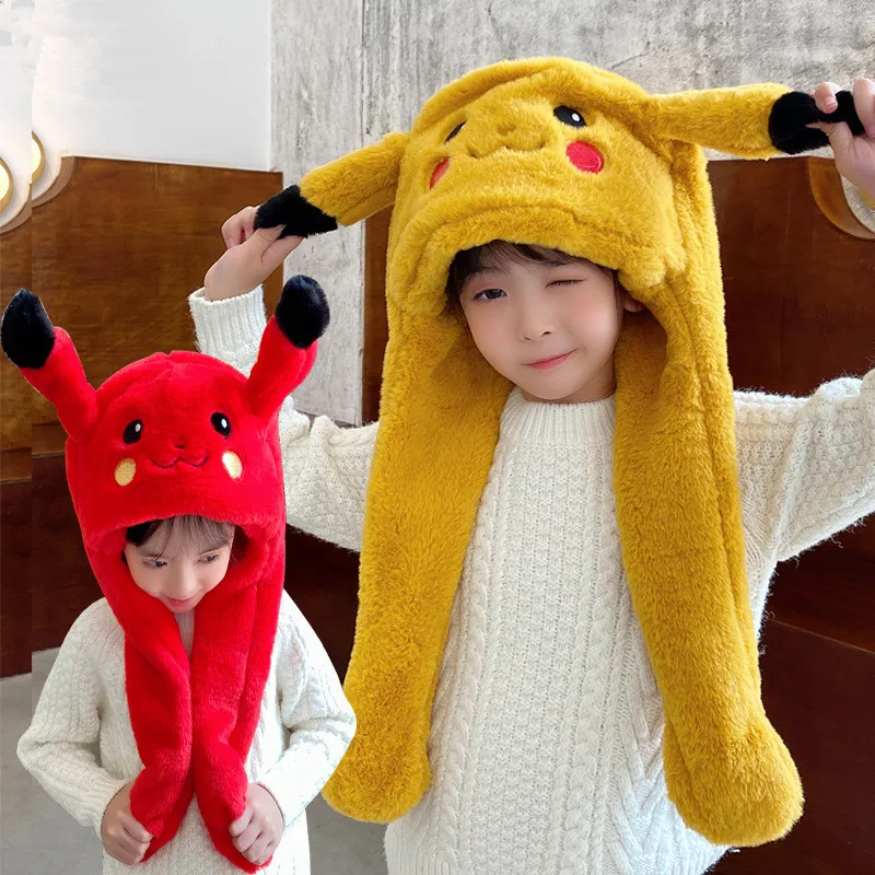 

Детская шапка, зимняя теплая плюшевая шапка кролика с ушками, подвижная шапка, милая уличная шерстяная шапка с защитой ушей Пикачу, мягкая и ...