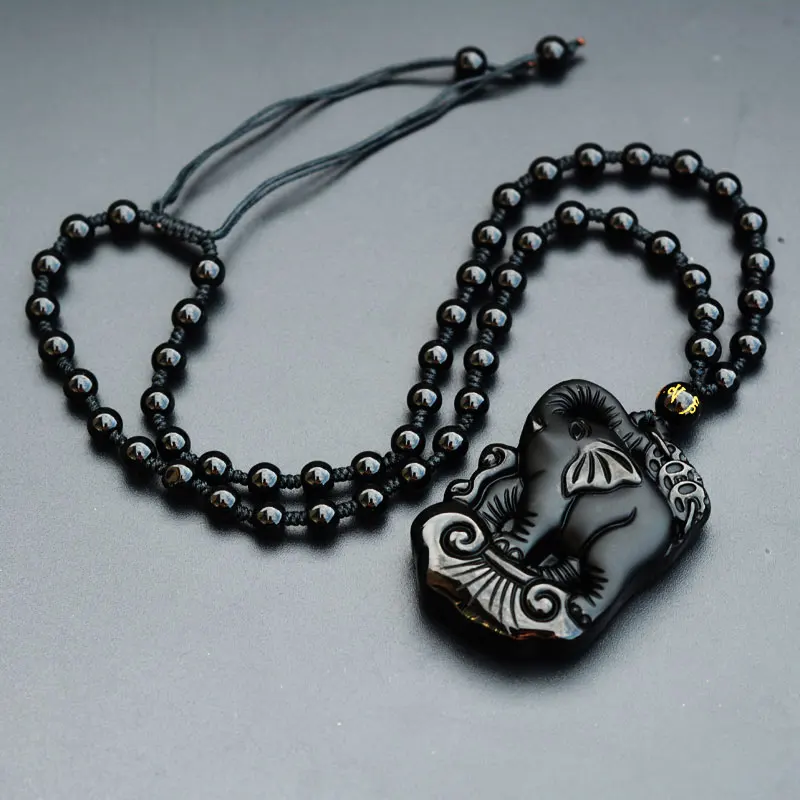 Мужское ожерелье подвеска черный обсидиан слон в багажник СВОБОДНАЯ цепь для