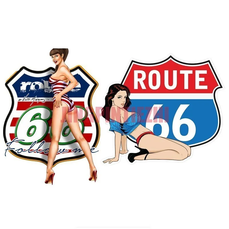 

Personality Car Sticker Decal Decor Motorcycle Off-road Laptop Trunk Guitar PVC Vinyl Stickers Route 66 Pin Up Girl Badge Brand
