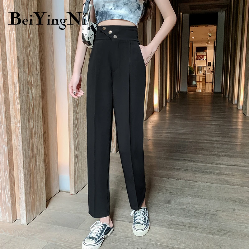 

Beiyingni Womens Trousers 2021 Summer Fashion Buttons Casual High Street Harem Pants Woman Loose Vintage Suit Pants Ladies Chic