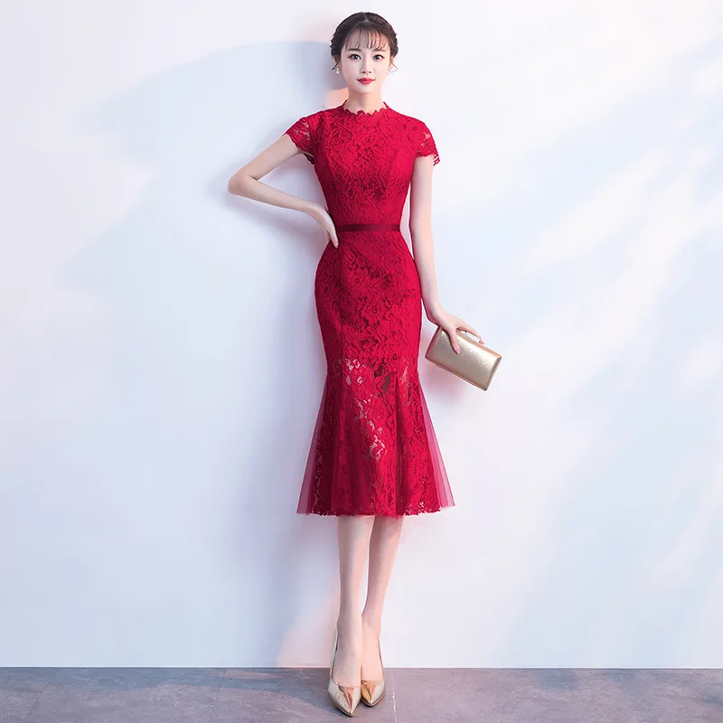 Традиционное вечерние йское платье-Русалка бордовый Чонсам Qipao вечернее платье