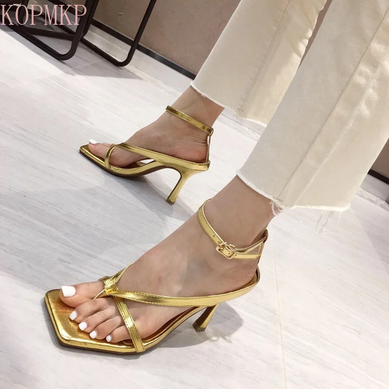 

New Style Contracted Square Head Temperament One Word Button High-heeled Shoes Shoes Sandals Women
